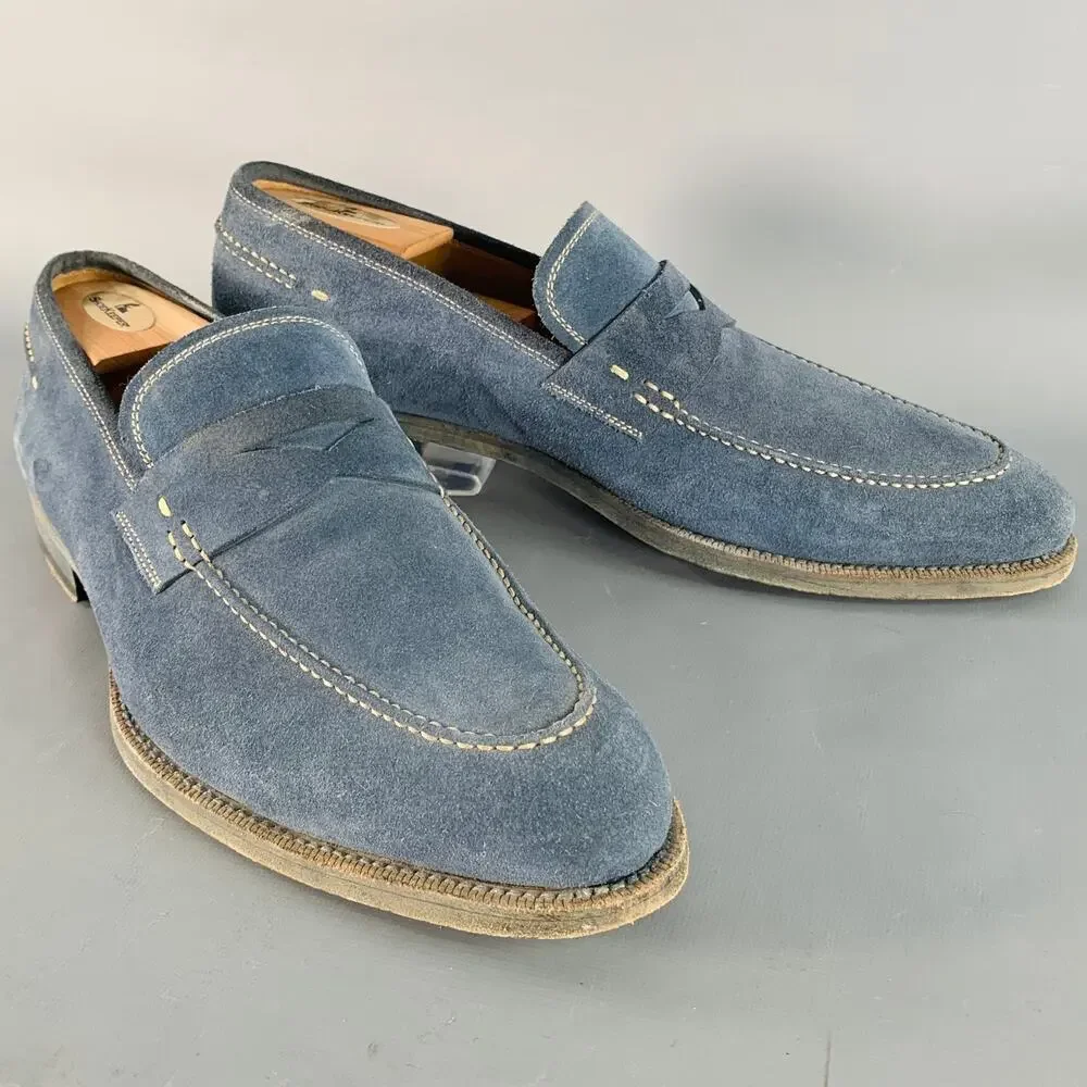 MAGNANNI Size 11 Blue Grey Contrast Stitch Suede Penny Loafers